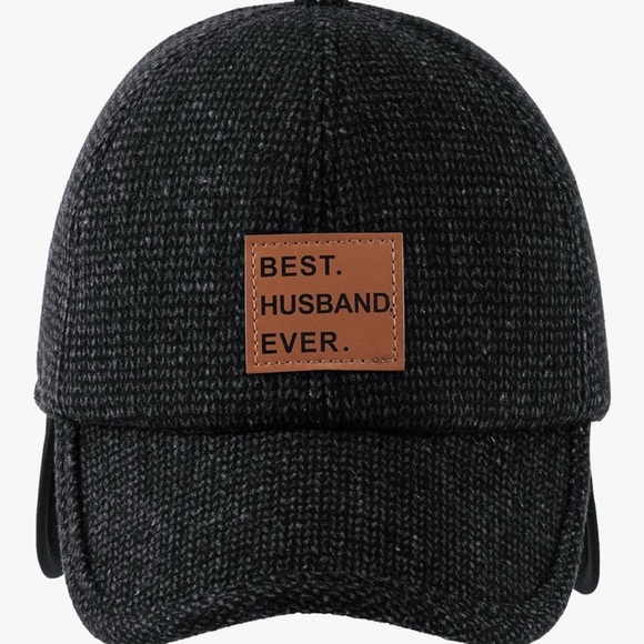 NWOT-Winter Men’s Gray Cap with Ear Flaps & 'Best Husband Ever' Patch. - Picture 2 of 4